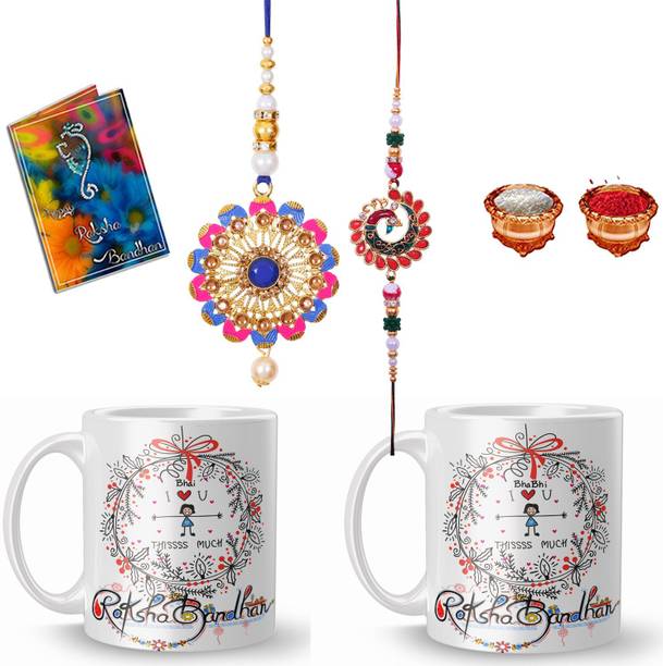 CHANUN Bhaiya Bhabhi L-102-102b-YH-TC Gold Finish Lumba, Chawal Roli Pack, Rakhi, Greeting Card, Mug Set