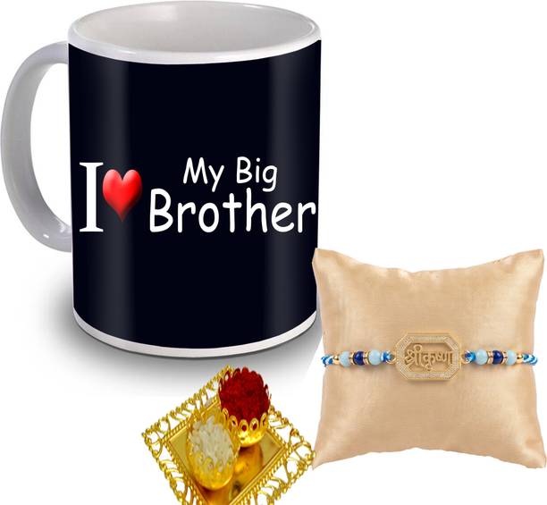 Designer Printed Mug & Designer Rakhi Gift Combo for Brother MUG-18 Mauli Thread Mug, Rakhi Set by GIFTGROOVE