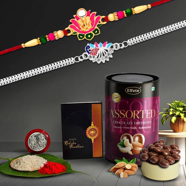 DeoDap Designer Rakhi Combo Gift Set for Brother |Assortment 96Gm|Chocolate|Y22K2_A66+542_AS Assorted Rakhi, Chawal Roli Pack, Greeting Card, Coins  Set