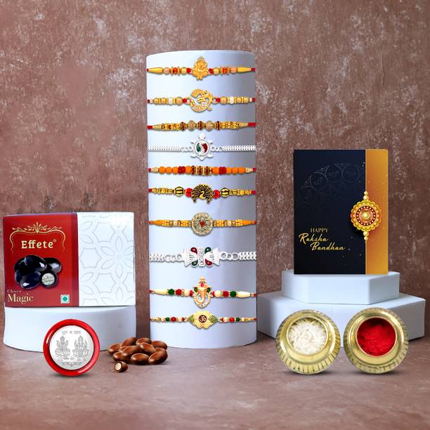 DeoDap Designer Q10_Combo8_P32 Assorted Rakhi, Chawal Roli Pack, Greeting Card, Coins  Set