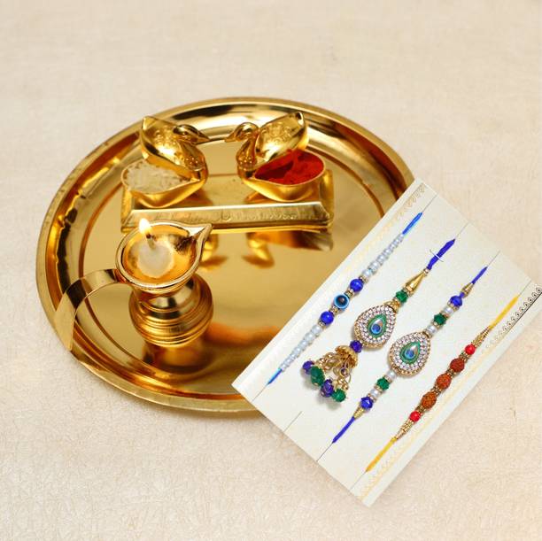 Chhariya Crafts Bhaiya Bhabhi Rakhi Combo Set 1 Pooja Thali, Chawal Roli Pack, 1 Designer Lumba, 3 Rakhi Assorted, Gold, Gold Finish, Jute, Kundan, Mauli Thread, Pearl, Yarn Thali, Rakhi, Showpiece, Chawal Roli Pack  Set