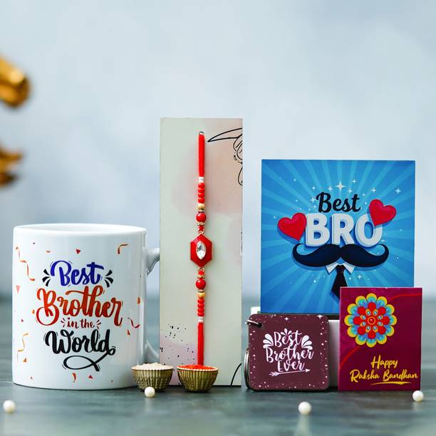 Tonkwalas Designer Rakhi Gift Set For Brother Combo With Roli Chawal Greeting Card- MUG-41 Mauli Thread Mug, Rakhi, Key Ring, Showpiece, Chawal Roli Pack, Greeting Card  Set