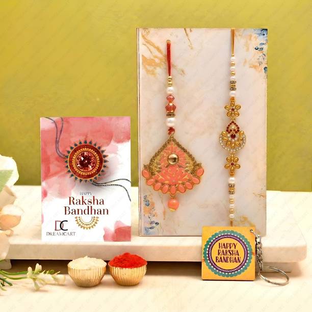 Elegaci Gifts Religious Bhaiya and Bhabhi Lumba Rakhi Set Mauli Thread, Gold Finish Rakhi, Lumba, Chawal Roli Pack, Key Ring  Set