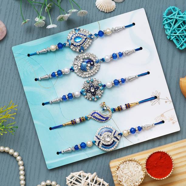 Dreamica Designer SetOf5-04 Assorted Rakhi, Chawal Roli Pack, Greeting Card  Set