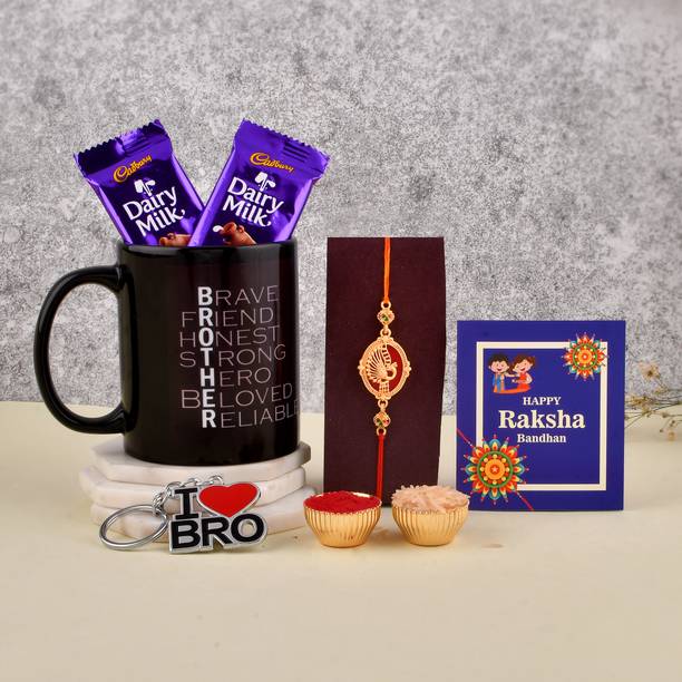 PRIDE STORE Designer Brother Black Mug Bro Rakhi Dairy Milk Chocolate, Tilak, Greeting Card, Keychain Mauli Thread Mug, Rakhi, Chawal Roli Pack, Greeting Card, Key Ring  Set