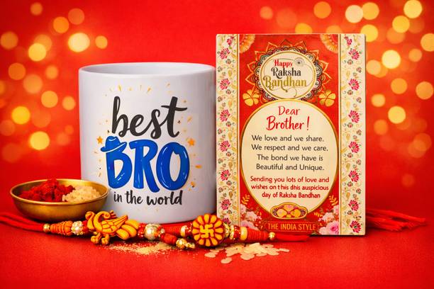 THE INDIA STYLE Bracelet Premium Raksha Bandhan Gift Hamper for Brother Best Br Mug, Designer Rakhi, Assorted, Plastic (PVC) Rakhi, Mug, Greeting Card, Chawal Roli Pack Set