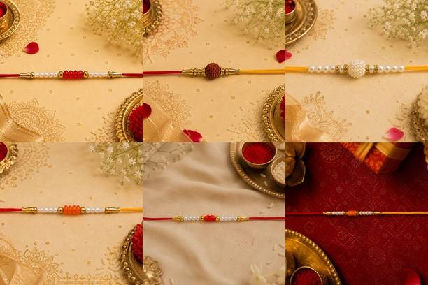 Religious 6Combo Rakhi July -949 Gold Finish, Mauli Thread, Pearl Rakhi by RS Creations