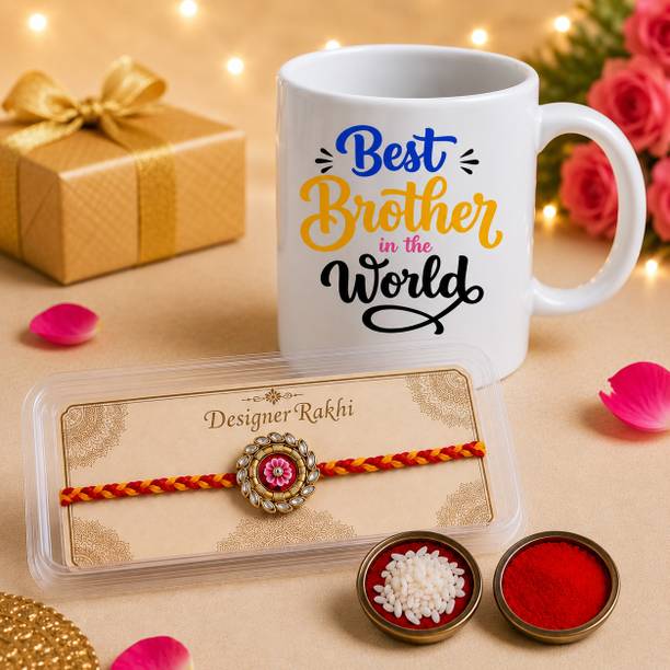 Designer Best Brother in the World Printed Ceramic Coffee Mug Gift Set Kundan Mug, Rakhi, Chawal Roli Pack Set by Dusad