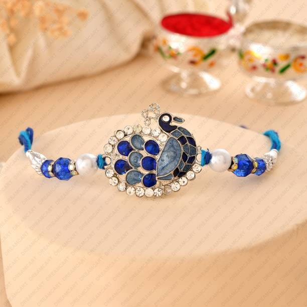 Elegaci Gifts Designer Peacock Design Blue and Silver Bracelet With Meenakari Rakhi For Brothers Platinum Rakhi, Chawal Roli Pack, Greeting Card  Set