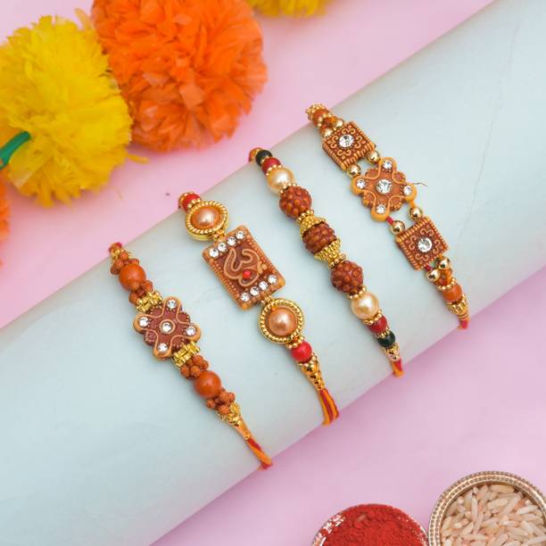 Kashvi Fashion Designer Designer Rakhi set of 4 Zardosi, Mauli Thread, Kundan Chawal Roli Pack  Set