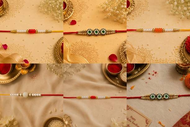 Religious 6Combo Rakhi July -2323 Gold Finish, Mauli Thread, Pearl Rakhi by RS Creations