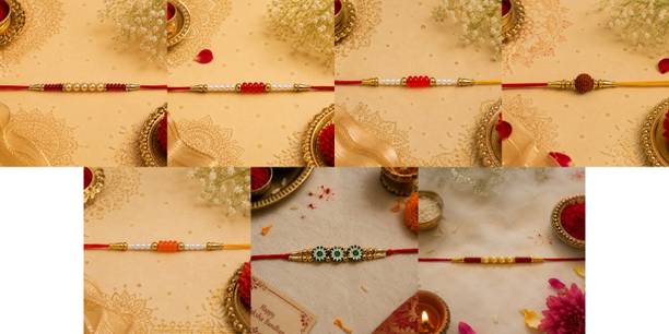 Designer July combo7 Rakhi Set-1261 Gold Finish, Mauli Thread, Pearl Rakhi by RS Creations