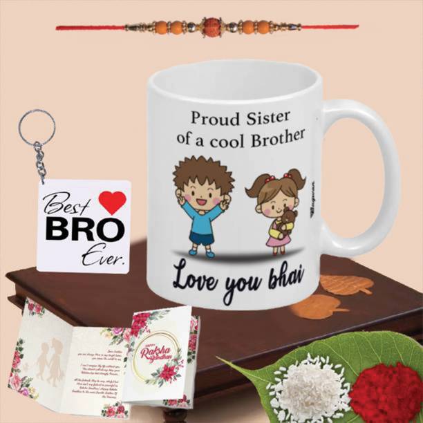 Wagwan Designer 20RKH-E-20MG633 Plastic (PVC) Chawal Roli Pack, Rakhi, Mug, Greeting Card, Key Ring  Set