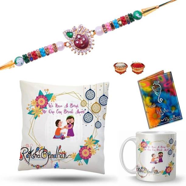 Elegaci Gifts Designer C-M-131-RK Mauli Thread Rakhi, Mug, Cushion, Chawal Roli Pack, Greeting Card  Set