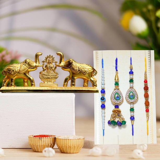 Chhariya Crafts Bhaiya Bhabhi Bhaiya Bhabhi Rakhi Combo Gift Set Assorted, Gold, Gold Finish, Kundan, Mauli Thread, Pearl, Zardosi Rakhi, Showpiece, Chawal Roli Pack  Set