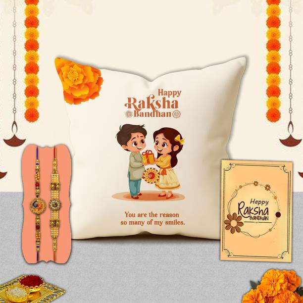 Avirons Thread Festive Rakhi Keepsake for Veera – Satin Cushion Gift Pack for Bhai Assorted Chawal Roli Pack, Cushion, Rakhi, Greeting Card  Set