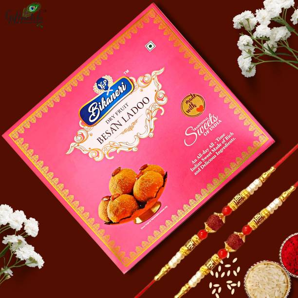 Giftnotch Rakhi Sweet-102 Special Designer Rakhi,Kumkum Rice Sachet,Besan Ladoo(200 Grams) Assorted Gift Box