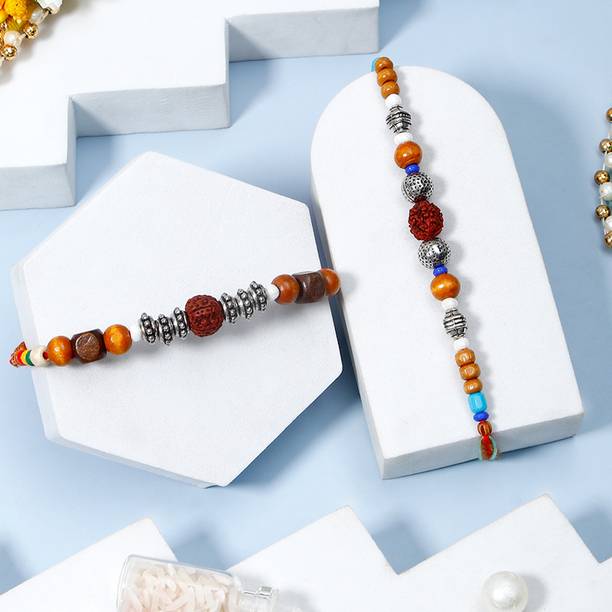 Thread Set Of 2 Oxidised Silver & Rudraksha Bead Bracelet Rakhi Set With Greeting Card Assorted Rakhi, Greeting Card, Chawal Roli Pack Set by ARCHIES