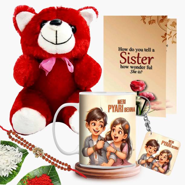 GiftWeb Rudraksh Gift For Sister Coffee Mug & Keychain & CD& Rakhi & Teddy Gift set-34 Assorted Rakhi  Set