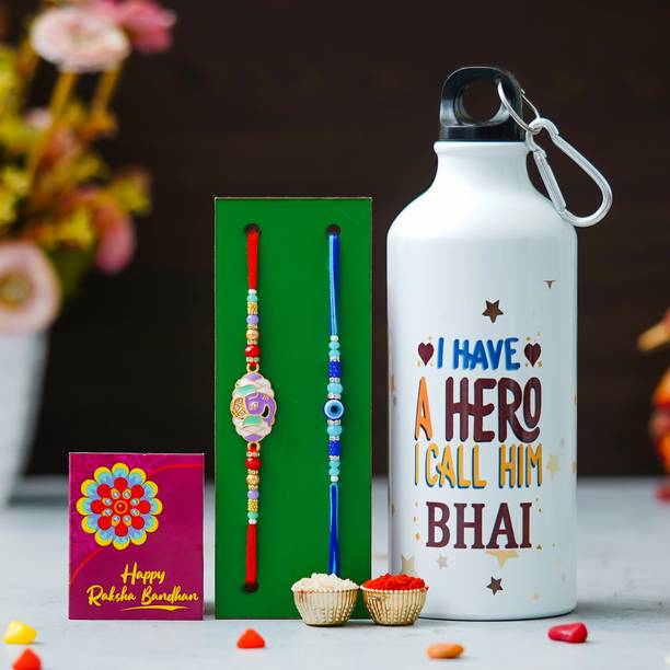 Tonkwalas Designer Rakhi Gift Set For Brother Combo With Roli Chawal Greeting Card- SIP-1-C33-34 Mauli Thread Bottle, Rakhi, Greeting Card, Chawal Roli Pack  Set