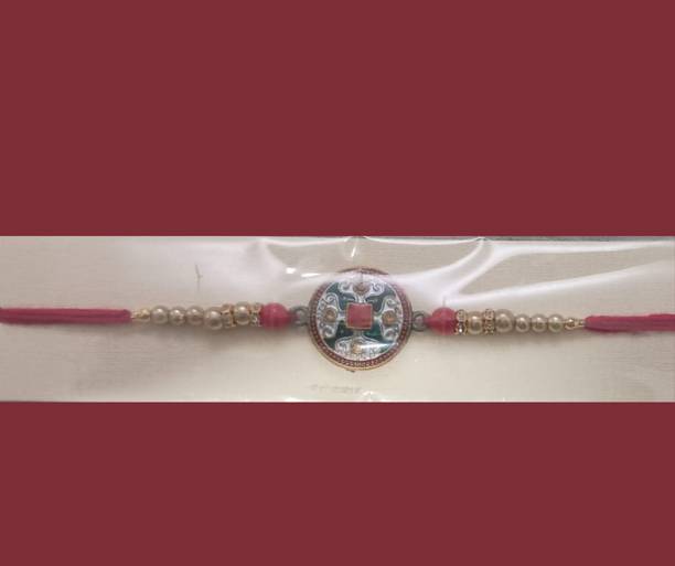 Iconic Religious Traditional Meenakari Design with Pearls & Red Thread Mauli Thread Rakhi  Set