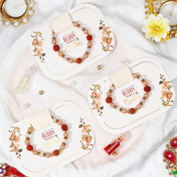 Thread Rudraksh Adjustable Bracelet Designer Rakhi Set With Rakhi Greeting Card Assorted Rakhi, Greeting Card, Chawal Roli Pack Set by ARCHIES