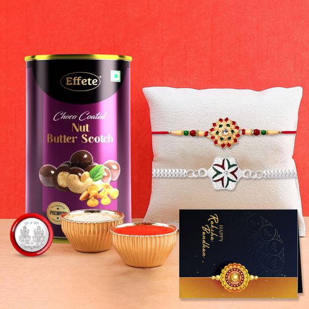 DeoDap Designer Rakhi Combo Gift Set for Brother |Butterscotch 96Gm|Chocolate|Y22K2_501+A9_BS Assorted Rakhi, Chawal Roli Pack, Greeting Card, Coins Set