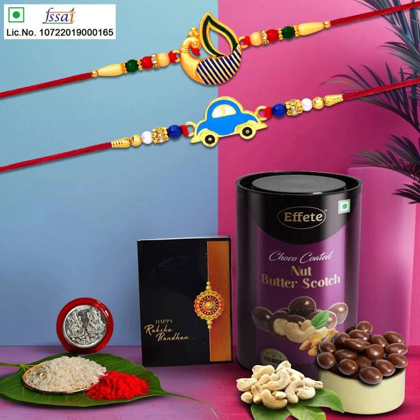 Effete Designer Designer Rakhi Combo for Brother | Rakhi Gift For Brother/Sister |Rakhi With Thali,Greeting Card | Fancy Rakhi | Raksha Bandhan Gift For Sister |(K2_304+A9_BS) Assorted Rakhi, Chawal Roli Pack, Greeting Card, Coins  Set