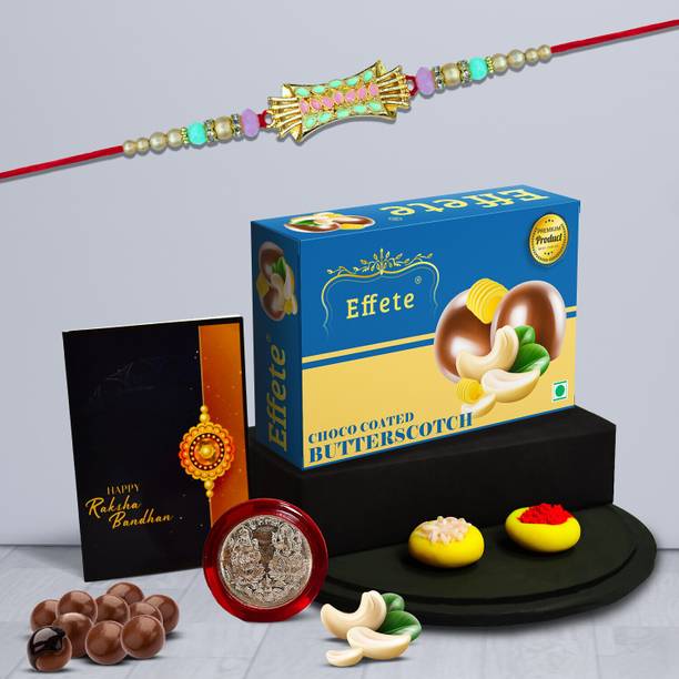Effete Designer Rakhi set of 1 with butter sotch (32gm)| Rakhi for Brother/sister| K1_757_BS32 Assorted Rakhi, Greeting Card, Coins, Chawal Roli Pack  Set