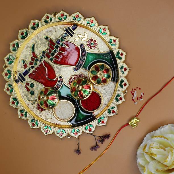 JWELLA Thread Elephant Rakhi with Card, Roli & Pooja Thali (18cm) | Rakhi Gift Set for Brother Assorted Chawal Roli Pack Set