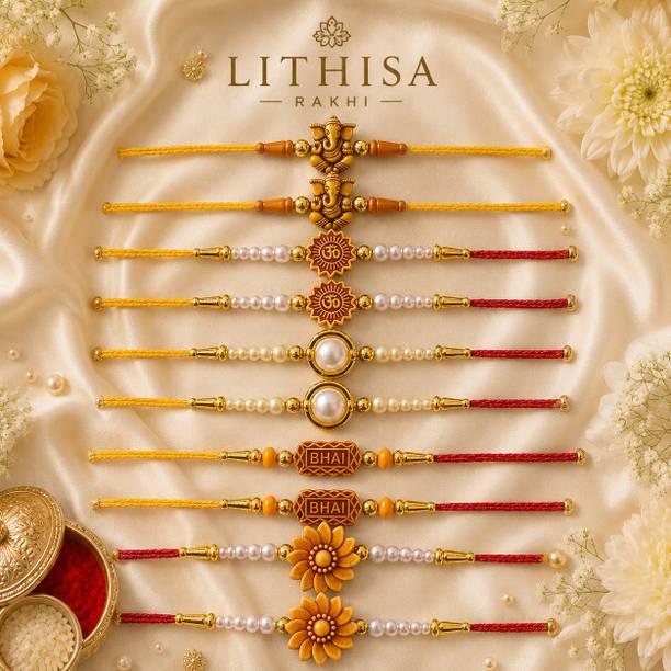 LITHISA Designer rakhi set | rakhi for brother | new fancy rakhi set 10 pcs free roli chawal Mauli Thread, Pearl Rakhi Set