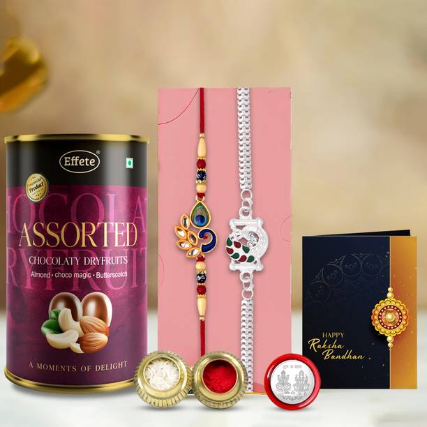 DeoDap Designer Rakhi Combo Gift Set for Brother |Assortment 96Gm|Chocolate|Y22K2_535+A7_AS Assorted Rakhi, Chawal Roli Pack, Greeting Card, Coins  Set