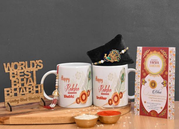 PRIDE STORE Bhaiya Bhabhi Bhaiya Bhabhi Printed Mug With Rakhi Set And Wooden Showpiece Rakhi Mauli Thread Rakhi, Greeting Card, Showpiece, Mug, Chawal Roli Pack  Set