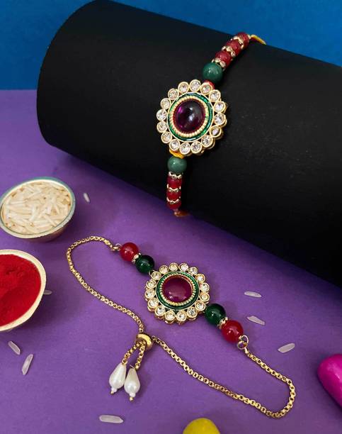 Niozaki Bhaiya Bhabhi BRAS-ROUND-R Kundan, Pearl, Gold Finish Rakhi, Chawal Roli Pack  Set