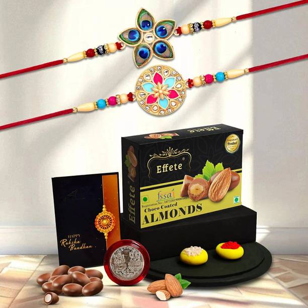 DeoDap Designer Rakhi Combo Gift Set for Brother |Almnond 32 Gm|Chocolate|Y22K2_512+701_CA32 Assorted Rakhi, Greeting Card, Coins, Chawal Roli Pack Set