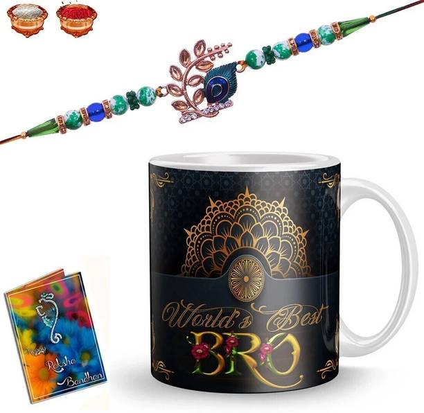 Plakasha creations Bracelet E-R-118-TB Gold Finish Chawal Roli Pack, Rakhi, Greeting Card, Mug  Set