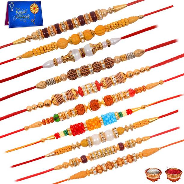 Plakasha creations Bracelet AAAEAFAGAH-AIAJAKALAM Gold Finish Rakhi, Chawal Roli Pack, Greeting Card  Set