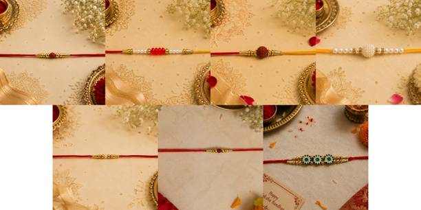 Designer July combo7 Rakhi Set-8100 Gold Finish, Mauli Thread, Pearl Rakhi by RS Creations