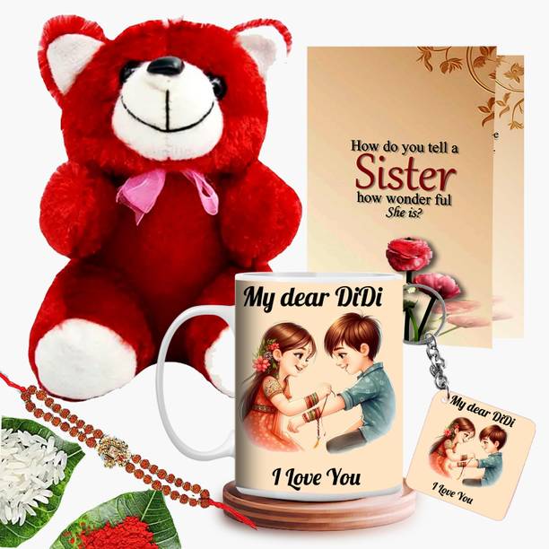 GiftWeb Rudraksh Gift For Sister Coffee Mug & Keychain & CD& Rakhi & Teddy Gift set-59 Assorted Rakhi  Set