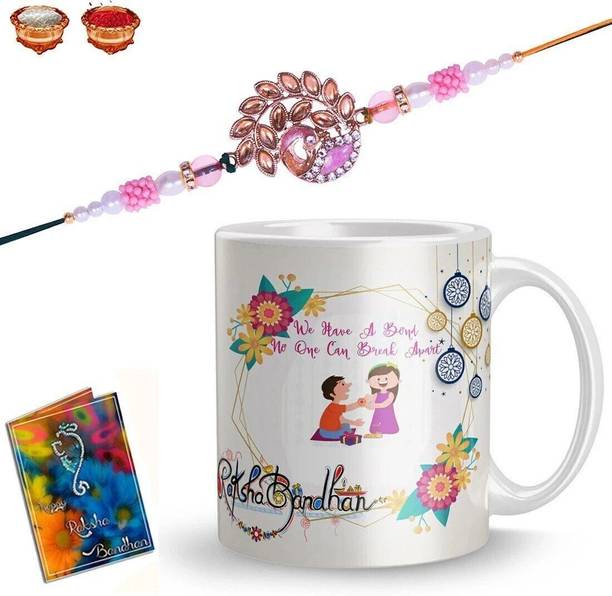 Bracelet E-R-131-TF Gold Finish Rakhi, Mug, Greeting Card, Chawal Roli Pack Set by Plakasha creations