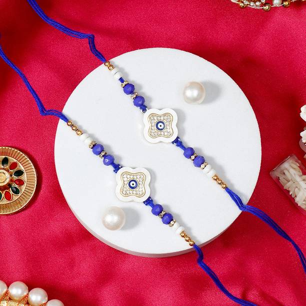 Thread Premium Evil Eye Clover Designer Rakhi Set for Brother With Rakhi Greeting Card Assorted Rakhi, Greeting Card, Chawal Roli Pack Set by ARCHIES
