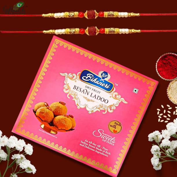 Giftnotch Rakhi Sweet-113 Special Designer Rakhi,Kumkum Rice Sachet,Besan Ladoo(200 Grams) Assorted Gift Box