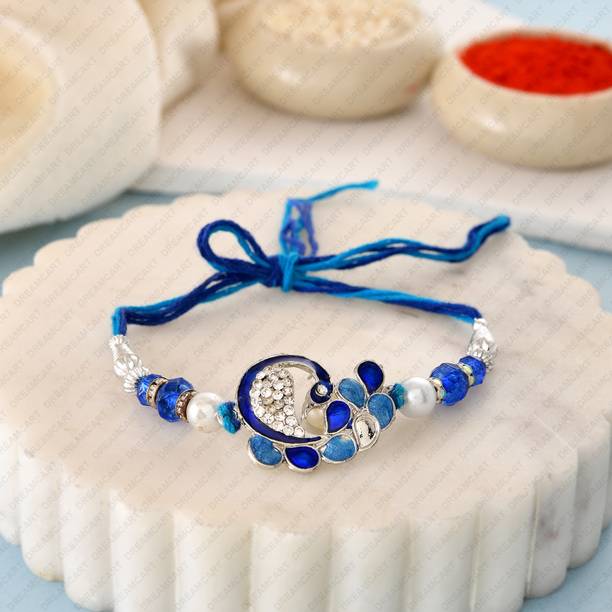 Elegaci Gifts Designer Rhodium Blue Bracelet Peacock Rakhi For Brothers Platinum Rakhi, Chawal Roli Pack, Greeting Card  Set