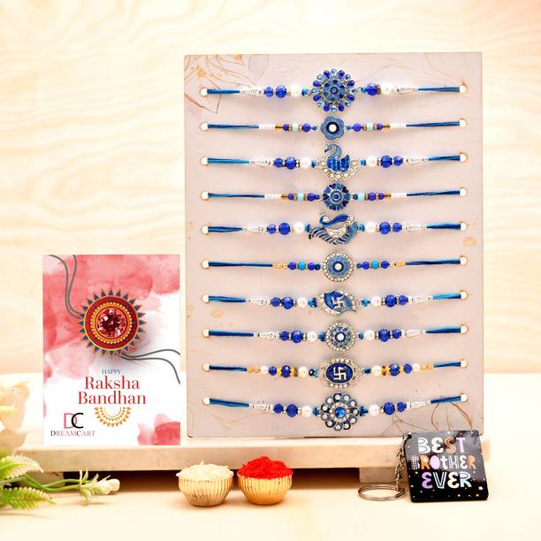 Dreamcart Designer Rhodium Bracelet Set of 10 Sapphire Blue Rakhi For Brothers Silver Rakhi, Greeting Card, Chawal Roli Pack  Set