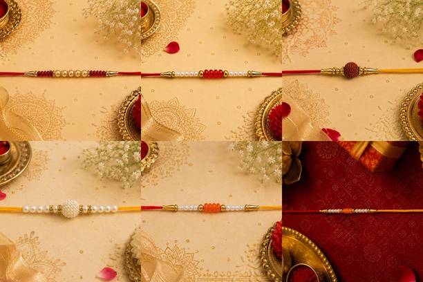 Religious 6Combo Rakhi July -6074 Gold Finish, Mauli Thread, Pearl Rakhi by RS Creations
