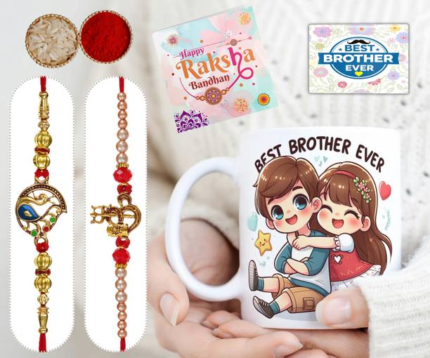MyPooja Thread Raksha Bandhan Gift Set for Brother with Mug Combo | Pack of 6 - Bro186_FMEG4041 Assorted Chawal Roli Pack, Greeting Card, Mug, Rakhi Set