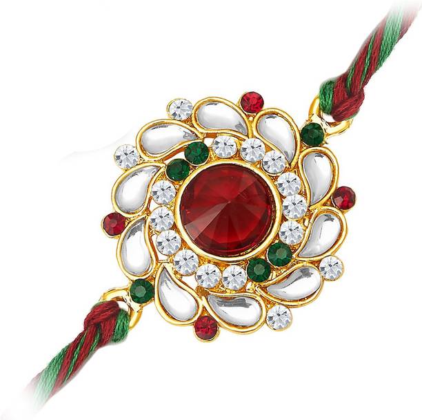 bandhan Designer Elegant Kundan & Stones Designer Rakhi for Brother with Roli Chawal Kundan, Gold Finish, Mauli Thread Rakhi, Chawal Roli Pack  Set