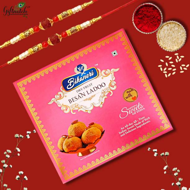 Giftnotch Rakhi Sweet-126 Special Designer Rakhi,Kumkum Rice Sachet,Besan Ladoo(200 Grams) Assorted Gift Box