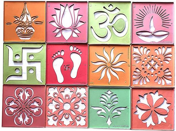 tovaih Set of 12 Rangoli Stencils for Floor Decoration, Diwali Decoration, (4x4 inches) Rangoli Stencil