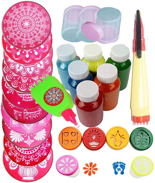 oramsa Rangoli Kit of 1 PattaPen+3 Filler+1 RangoliPen+6Stamp+6Bottle Color+10pc 8" Rangoli Stencil